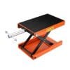 A heavy-duty hydraulic lift table featuring a sleek black top and vibrant orange legs, designed for lifting motorcycles up to 450kg.