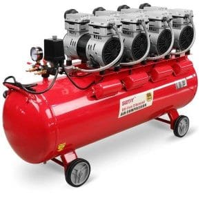 A red SEDY 100L Silent Air Compressor/Quiet Operation Air Compressor featuring three air compressors, designed for quiet and efficient operation.