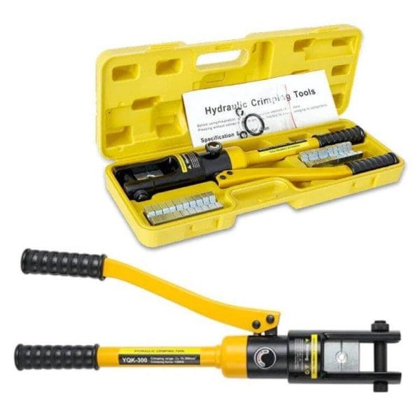 A yellow tool kit featuring a yellow hydraulic crimper and additional yellow tools, showcasing durability and functionality.