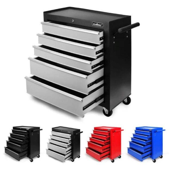 A 5-drawer tool storage trolley with four metal drawers on wheels, ideal for organizing tools and equipment efficiently.
