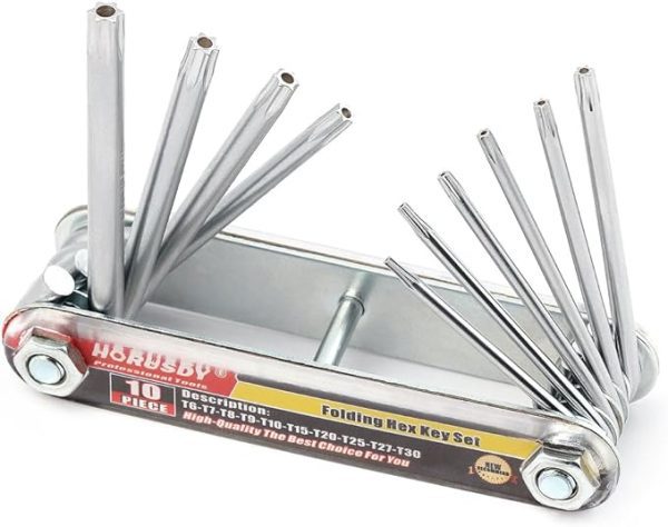 HORUSDY Tamper Proof Star Key Set (Folding) featuring a compact design with keys ranging from T-6 to T-30. Made from chrome vanadium steel, the set includes a folding handle with engraved sizes for quick identification and drilled tips for tamper-resistant screws.