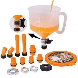 HORUSDY No-Spill Coolant Funnel Kit with adapters, filler caps, and extension rod for spill-proof coolant refills and engine maintenance.