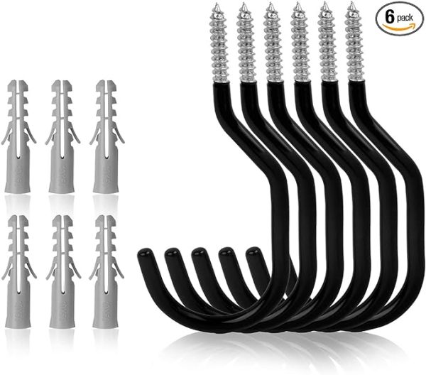 Set of 6 heavy-duty bike hooks, 6 inches in length, designed for garage wall and ceiling storage. Steel construction with a rust-resistant powder coating, each hook supports up to 100 pounds.