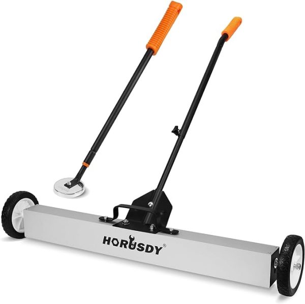 HORUSDY 36-Inch Rolling Magnetic Sweeper with Wheels and 40-Inch Telescoping Magnetic Pickup Tool. The 36-inch sweeper features a wide rectangular magnet for picking up nails, screws, and metal debris from the floor, with an adjustable handle for comfortable use. The 40-inch telescoping tool is designed to reach and pick up metal objects in hard-to-reach areas. Both tools are built for heavy-duty use, with a 30-pound capacity for the sweeper and a quick-release function for easy debris removal.