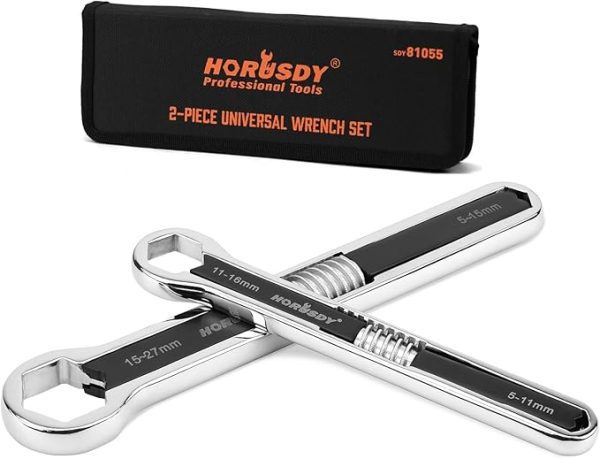 HORUSDY 44-in-1 Universal Wrench Set with Tool Bag, adjustable from 5mm-27mm and 3/16-1-1/16 inch, featuring heat-treated chrome vanadium steel wrenches and a tool bag.