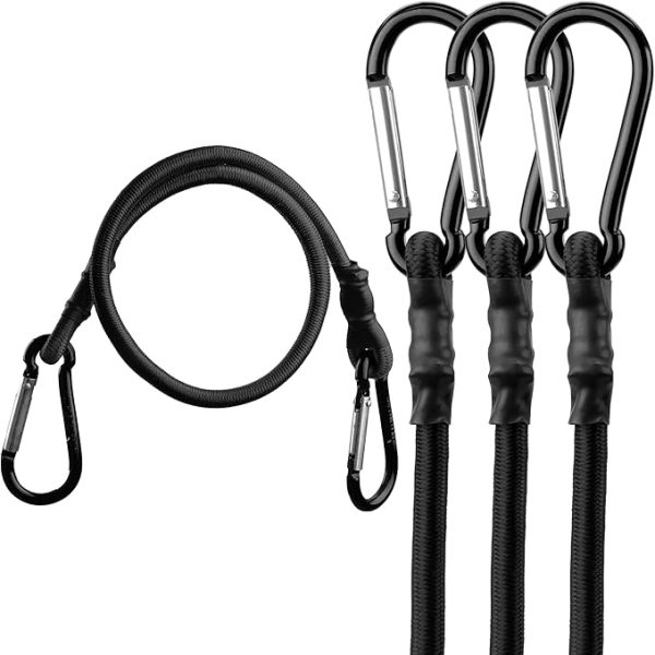 HORUSDY 4-Piece Bungee Cord Set with 24-inch cords and carabiner hooks. The set includes heavy-duty, UV-resistant rubber straps, ideal for camping, cargo, bikes, outdoor tents, and luggage racks. Each cord features strong carabiner hooks for secure attachment.
