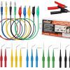 HORUSDY 22PCS Back Probe Kit, including stainless steel probes with various angles, color-coded banana plugs with copper alligator clips, and nickel-plated copper alligator clips for automotive diagnostics.