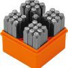 HORUSDY 37-Piece Number and Letter Stamp Set including 27 letter stamps (A-Z), 9 number stamps (0-8), and the "&" symbol. Made from chrome vanadium steel, the set features 1/4" (6mm) square shanks for impact hammer use. The stamps are suitable for imprinting on metal, plastic, wood, and leather. Compact storage box included.
