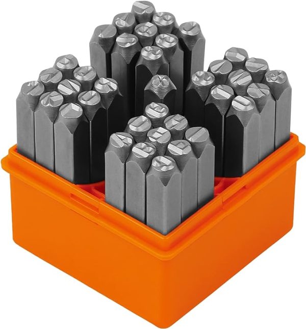 HORUSDY 37-Piece Number and Letter Stamp Set including 27 letter stamps (A-Z), 9 number stamps (0-8), and the "&" symbol. Made from chrome vanadium steel, the set features 1/4" (6mm) square shanks for impact hammer use. The stamps are suitable for imprinting on metal, plastic, wood, and leather. Compact storage box included.