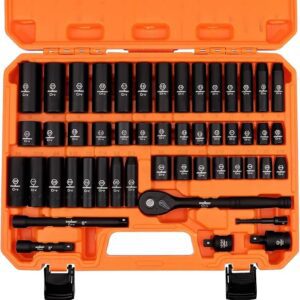 HORUSDY 50 Piece Standard Drive Impact Socket Set, 50-Piece Standard SAE (5/16 to 3/4 inch) and Metric (8-22mm) Size, 6 Point, Cr-V, 3/8-Inch Drive Ratchet Handle, Drive Extension Bar, Impact Universal Joint