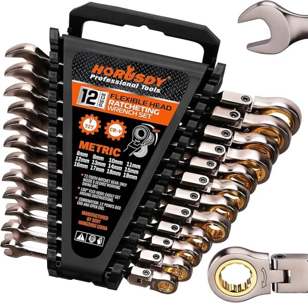 HORUSDY 12-Piece Metric Flex-Head Ratcheting Wrench Set with Organizer