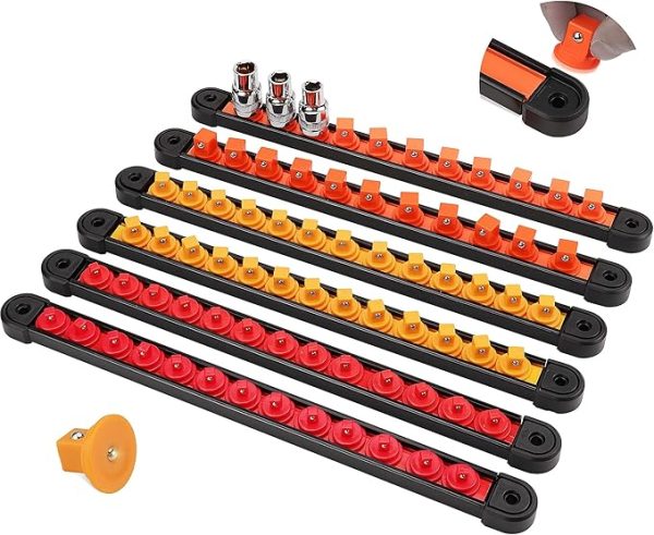 Set of 6 HORUSDY ABS socket organizers in various colors, designed for 1/4-inch, 3/8-inch, and 1/2-inch sockets. Includes 360° swivel holders with spring-loaded clips for secure storage and easy access.