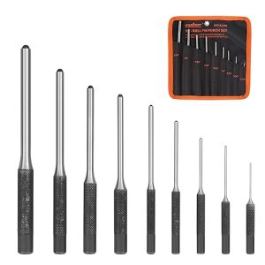 HORUSDY 9-Piece Roll Pin Punch Set with chrome-vanadium steel punches, including sizes from 1/16" to 5/16", and a fitted nylon storage pouch for automotive, watch repair, jewelry, and craft use.