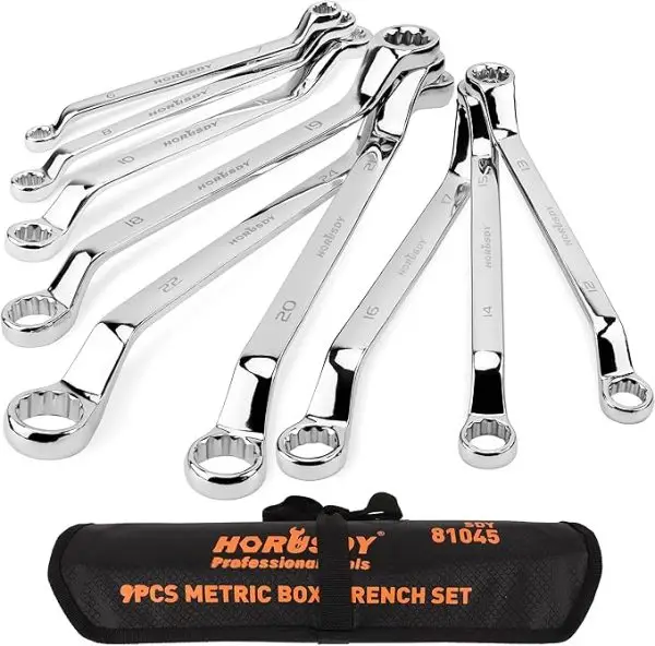 A collection of HORUSDY 9-Piece Metric Offset Box Wrenches and tools neatly arranged in a durable bag.