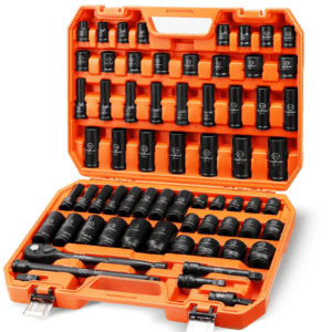 HORUSDY 1/2" Drive Impact Socket Set, 66-Piece Standard SAE (3/8"-1-1/4") and Metric (8-24mm) Size, 6 Point, Cr-V, 1/2-Inch Drive Ratchet Handle, Drive Extension Bar, Impact Universal Joint - SDY-87016