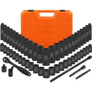 HORUSDY 1/4" Drive Impact Socket Set, 56-Piece Standard SAE (5/32 to 9/16 inch) and Metric (4-15mm) Size, 6 Point, Cr-V, 1/4-Inch Drive Ratchet Handle, Drive Extension Bar, Impact Universal Joint - SDY-87014