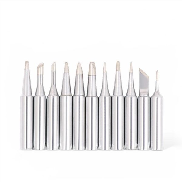 An 11-piece lead-free soldering iron tips set displayed on a white background. The set includes a variety of tip sizes and shapes, designed for use with Hakko soldering stations. Each tip is made from durable, lead-free material, ensuring precision and safety during soldering tasks. The tips are arranged in a semi-circle, showcasing their diversity and compatibility with various soldering applications. Ideal for electronics repair and DIY projects, this set enhances soldering performance and versatility.